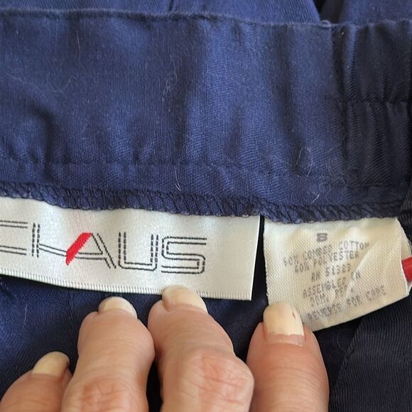 Vintage 80s Chaus Navy Blue Pleat Front Straight Midi Polyester/Cotton Skirt - Picture 7 of 8